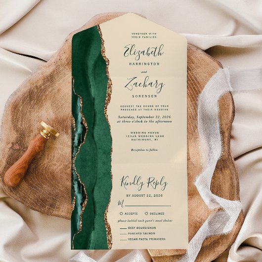 Emerald Green Gold Champagne Meal Options Wedding オールインワン招待状