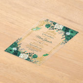 Emerald Green Gold Crown Quinceañera Butterfly アクリル招待状 (レイダウン)