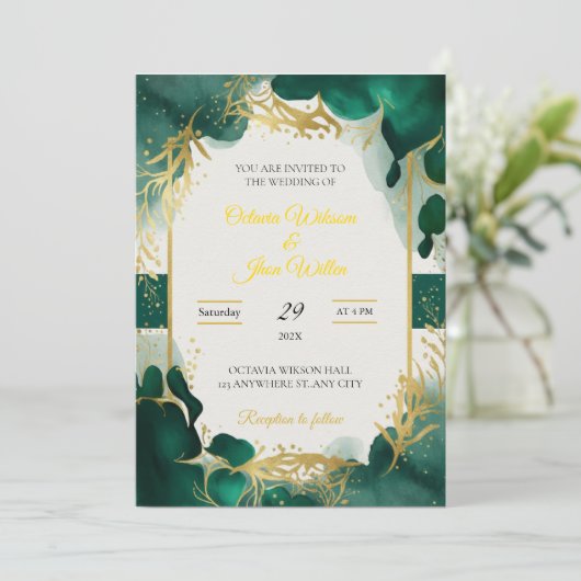 Emerald Green & Gold Elegant Wedding Invitation 招待状 (スタンド正面)