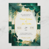 Emerald Green & Gold Elegant Wedding Invitation 招待状 (正面/裏面)