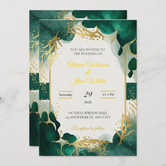 Emerald Green & Gold Elegant Wedding Invitation 招待状 (正面/裏面)