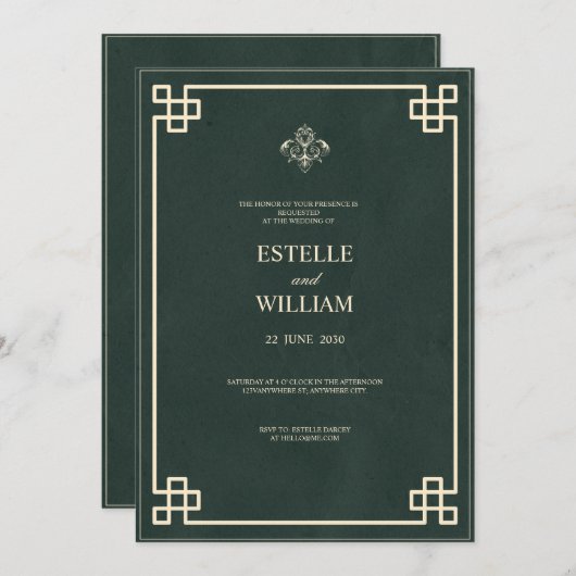 Emerald Green & Gold Elegant Wedding Invitation 招待状 (正面/裏面)