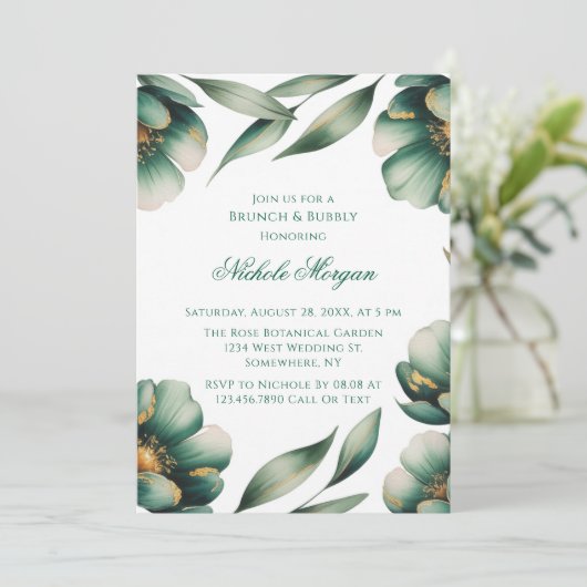 Emerald Green & Gold Floral Brunch & Bubbly 招待状 (スタンド正面)