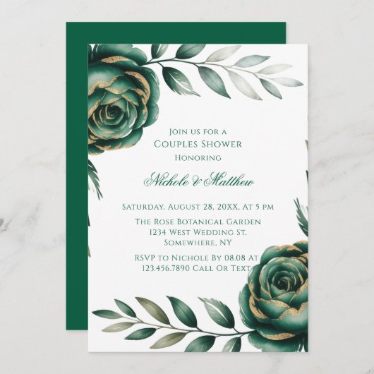 Emerald Green & Gold Floral Couples Shower 招待状 (正面/裏面)