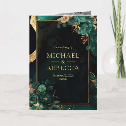 Emerald Green Gold Floral Marble QR Code Wedding 招待状 (正面)