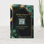 Emerald Green Gold Floral Marble QR Code Wedding 招待状 (裏面)