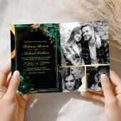 Emerald Green Gold Floral Marble QR Code Wedding 招待状