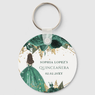 Emerald Green Gold Floral Princess Quinceanera キーホルダー