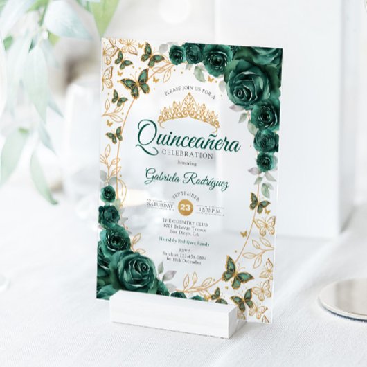 Emerald Green Gold Floral Quinceanera アクリル招待状