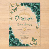 Emerald Green Gold Floral Quinceanera アクリル招待状 (正面)