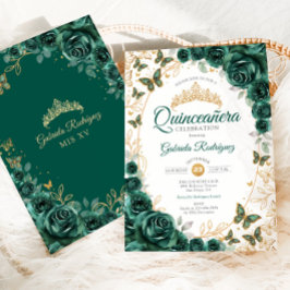 Emerald Green Gold Floral Quinceanera 招待状