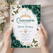 Emerald Green Gold Floral Quinceanera 招待状