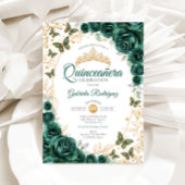 Emerald Green Gold Floral Quinceanera 招待状