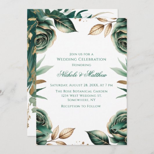Emerald Green & Gold Floral Wedding Celebration 招待状 (正面/裏面)
