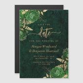 Emerald Green Gold Floral Wedding Save the Date マグネット招待状 (正面/裏面)