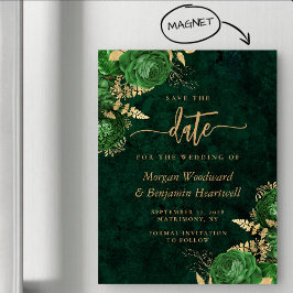 Emerald Green Gold Floral Wedding Save the Date マグネット招待状