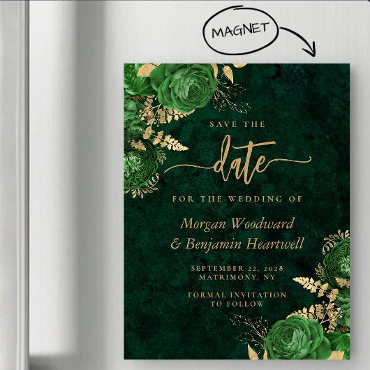 Emerald Green Gold Floral Wedding Save the Date マグネット招待状