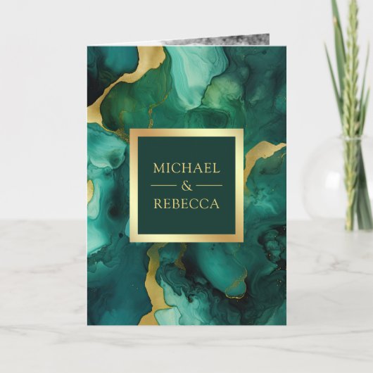 Emerald Green Gold Fluid Ink QR Code Wedding 招待状 (正面)