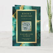 Emerald Green Gold Fluid Ink QR Code Wedding 招待状 (裏面)