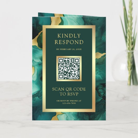 Emerald Green Gold Fluid Ink QR Code Wedding 招待状 (裏面)