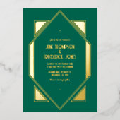 Emerald Green & Gold Gatsby Art Deco Wedding 箔招待状 (正面)