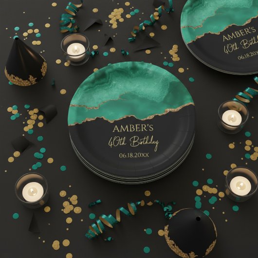 Emerald Green Gold Glitter  Watercolor Marble ペーパープレート