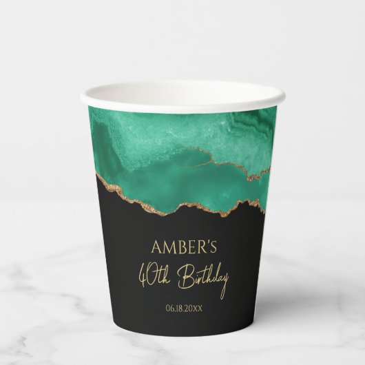 Emerald Green Gold Glitter  Watercolor Marble 紙コップ (裏面)