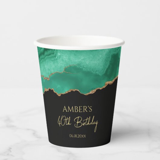 Emerald Green Gold Glitter  Watercolor Marble 紙コップ (正面)