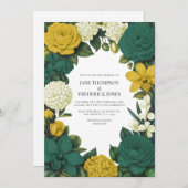 Emerald Green, Gold & Ivory Floral Wedding 招待状 (正面/裏面)