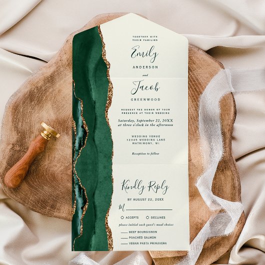 Emerald Green Gold Ivory Meal Options Wedding オールインワン招待状