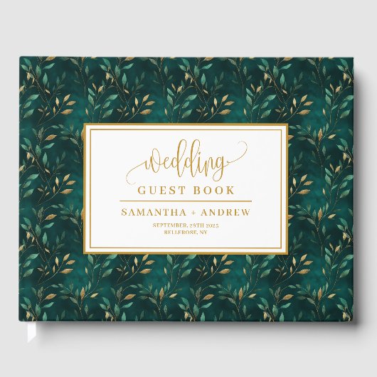 Emerald green gold leaves wedding guest book  ゲストブック (正面)
