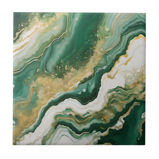 Emerald Green & Gold Marble Agate Abstract タイル (正面)