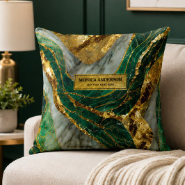 Emerald Green Gold Marble Metallic Luxury Geode アクセントクッション