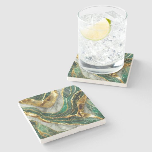 Emerald Green Gold Marble Metallic Luxury Geode ストーンコースター (横)