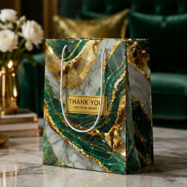 Emerald Green Gold Marble Metallic Luxury Geode ミディアムペーパーバッグ