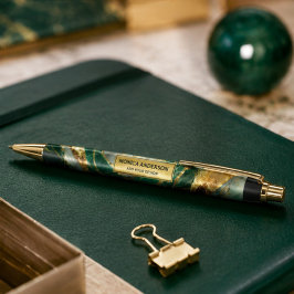 Emerald Green Gold Marble Metallic Luxury Geode 黒ボールペン
