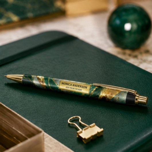 Emerald Green Gold Marble Metallic Luxury Geode 黒ボールペン