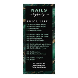 Emerald green Gold Marble Nail Salon Price List ラックカード