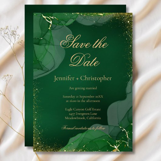 Emerald Green Gold Marble Wedding Save The Date 招待状