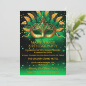 Emerald Green Gold Masks Masquerade Birthday Party 招待状 (スタンド正面)