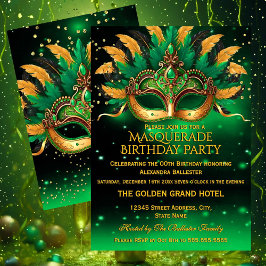 Emerald Green Gold Masks Masquerade Birthday Party 招待状