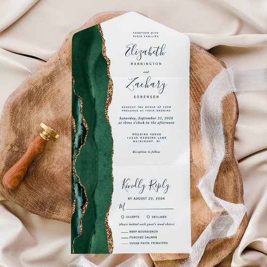 Emerald Green Gold Meal Options Wedding オールインワン招待状