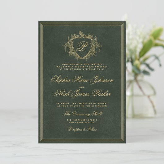 Emerald green gold monogram wedding 招待状 (スタンド正面)