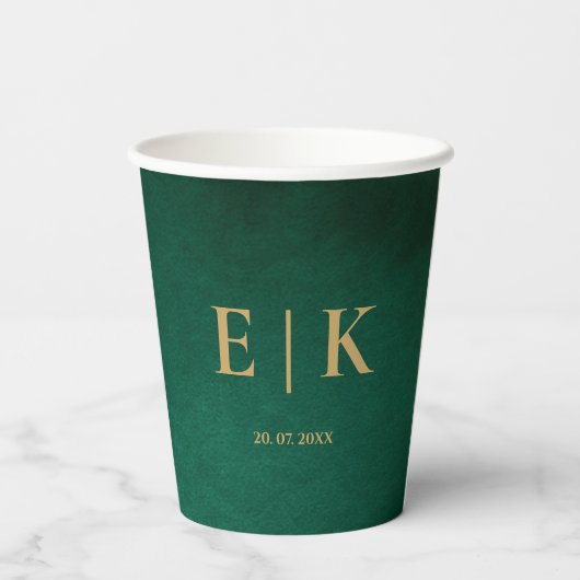 Emerald Green & Gold Monogram Wedding 紙コップ (裏面)