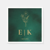 Emerald Green & Gold Monogram Wildflower Wedding スタンダードカクテルナプキン (正面)