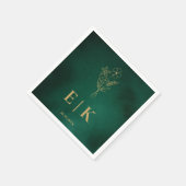 Emerald Green & Gold Monogram Wildflower Wedding スタンダードカクテルナプキン (角)