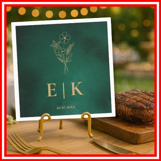 Emerald Green & Gold Monogram Wildflower Wedding スタンダードカクテルナプキン