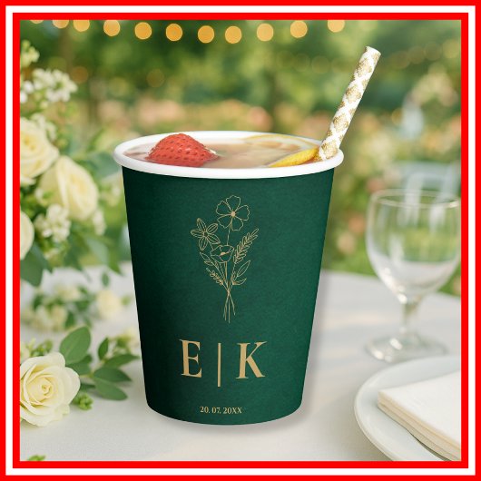 Emerald Green & Gold Monogram Wildflower Wedding 紙コップ