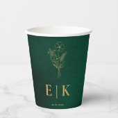 Emerald Green & Gold Monogram Wildflower Wedding 紙コップ (正面)