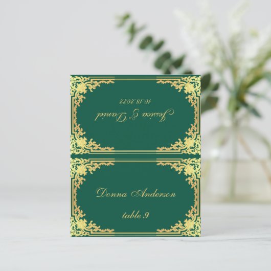 Emerald Green Gold Printed Name Wedding Place Card (スタンド正面)